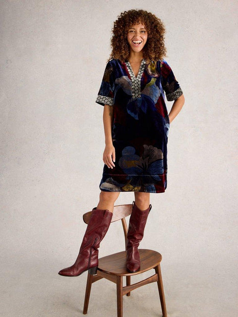 White Stuff June Velvet Dress - Navy Multi