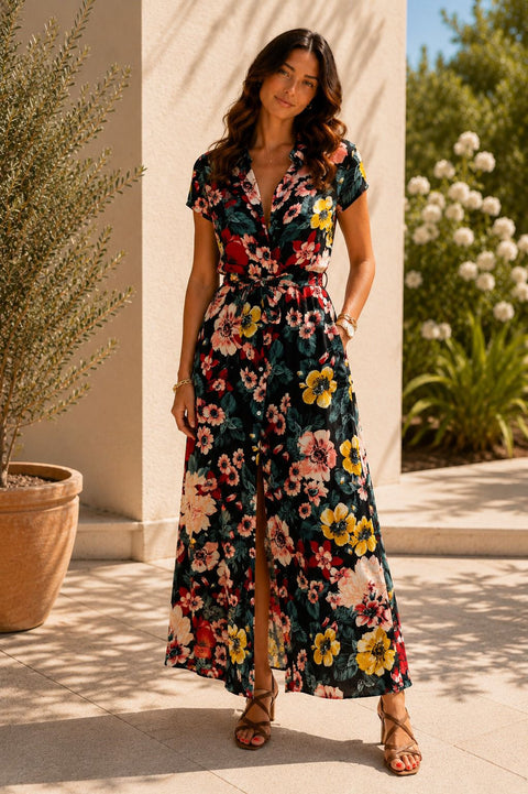 Kyla - Fran Floral Maxi Shirt Dress- Black