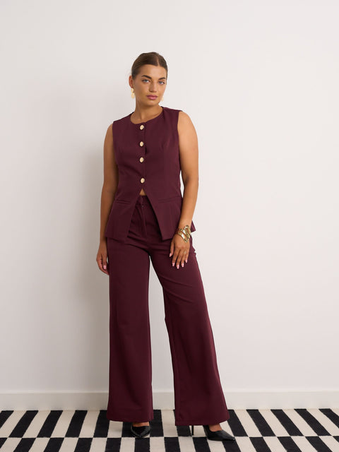Kyla Waistcoat Trousers Set -Wine