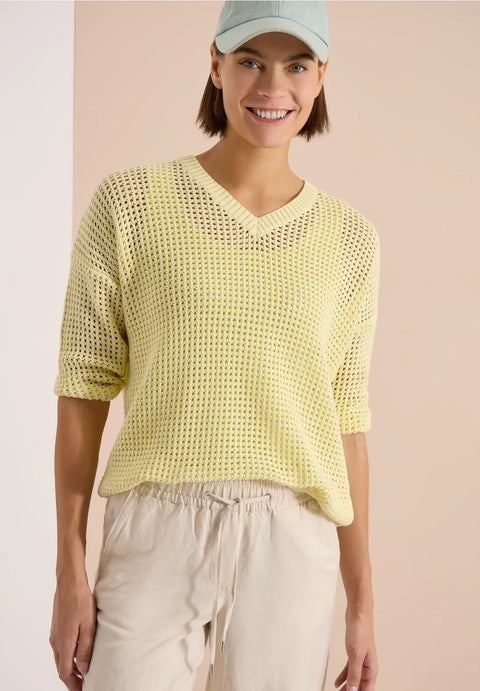 Cecil Short Sleeve Crochet-Look Pullover - buttermilk yellow