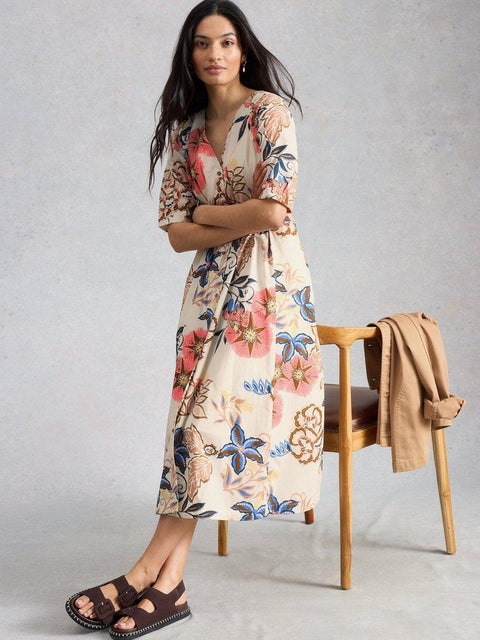 White Stuff Kate Button Through Midi Cotton Dress - Ivory Print