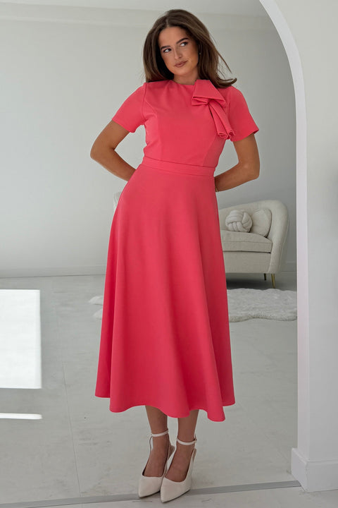 Girl in Mind - Minta Bow Detail Short Sleeve Dress Coral