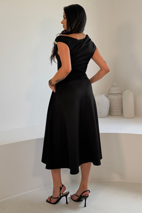 Tilly Gold Trim Asymmetric Neck Midi Dress - Black