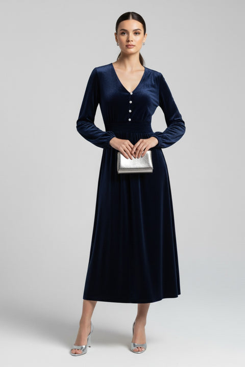 Marc Angelo Lauren Velvet Midi Dress - Navy