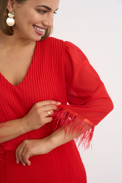 Kyla V Neck Soft  Pleated Red Dress