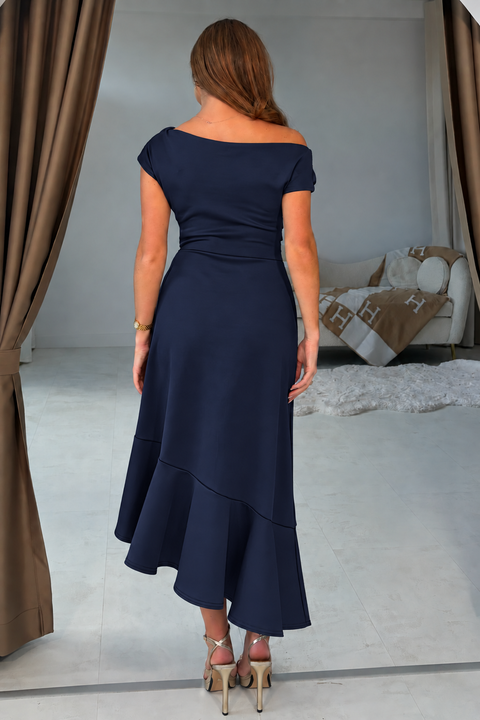 Felicity Asymmetric Frill Midi Dress - Navy