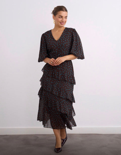 Anne V-Neck Tiered Dress - Brown