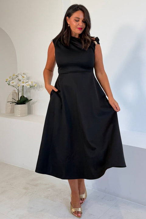 Tilly Gold Trim Asymmetric Neck Midi Dress - Black