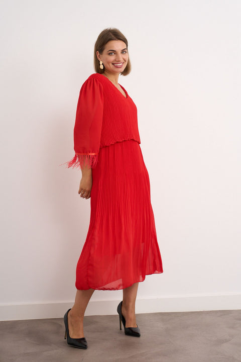 Kyla V Neck Soft  Pleated Red Dress