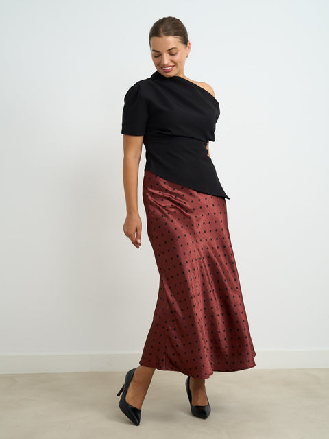 Una Satin Polka Dot Skirt - burgundy