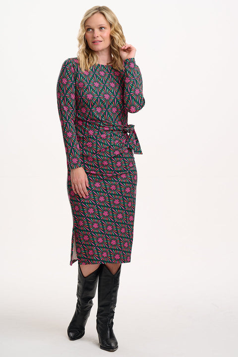 Sugarhill Claudia Jersey Tie Midi Dress- Green Multi Flower Explosion