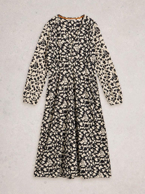 White Stuff Megan Long Sleeve Jersey Midi Dress - Black print