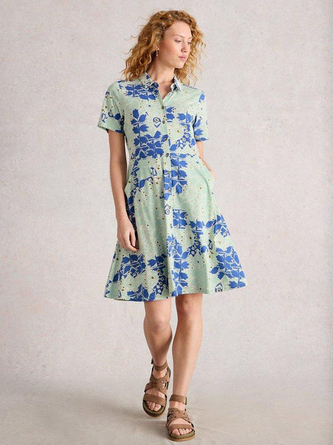 White Stuff Ria Collared Shirt Short Sleeve Dress - Blue Multi