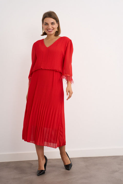 Kyla V Neck Soft  Pleated Red Dress