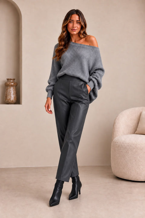 Darling- Faux Leather Cropped Barrel Leather Pants - Grey