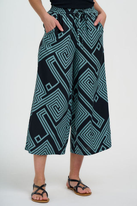 Sugarhill Ameera Crop Wide Leg Trousers - black/green Geometric Print