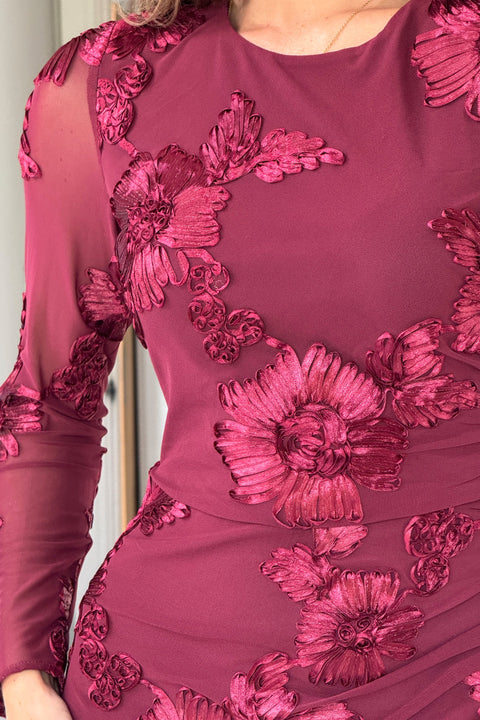 Girl in Mind Elodi Floral Embroidered Mesh Midi Dress - Wine