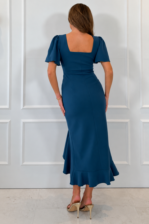 Darcie Flaired Sleeve Frill Midi Dress - Petrol Blue