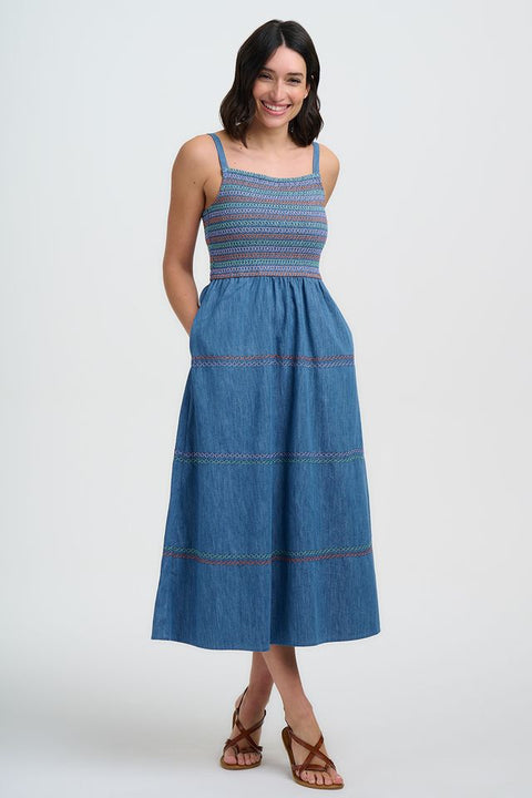 Sugarhill Murren Washed Blue Denim Shirred Midi Dress