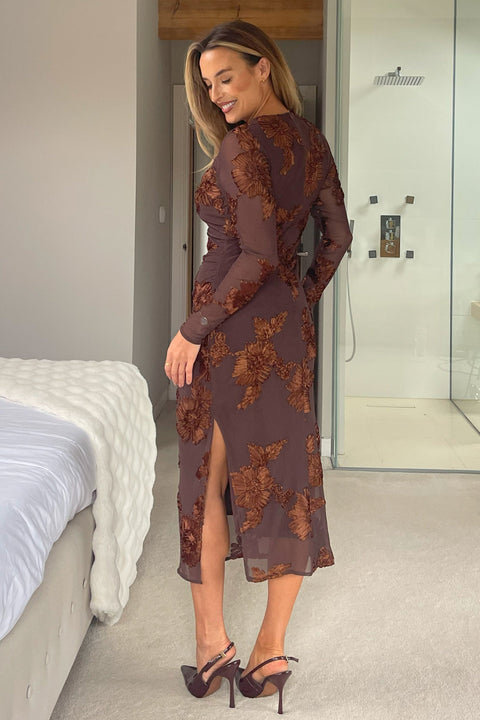 Girl in Mind Elodi Floral Embroidered Mesh Midi Dress- Brown