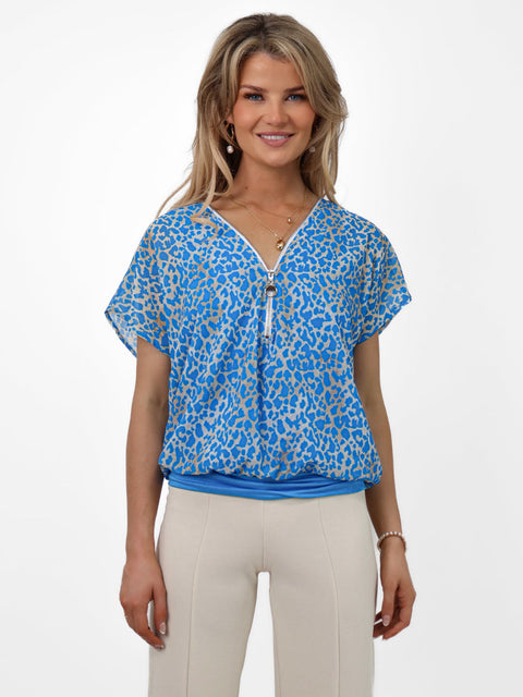 Kate & Pippa Eva Zip Top in Tiffany Blue Animal Print