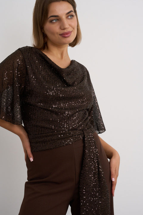 Kyla Sequin Cowl Neck Jumpsuit - Brown