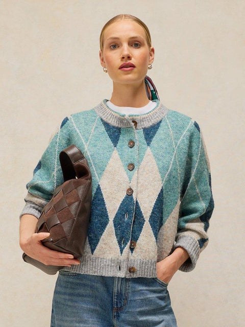 White Stuff Argyle Cardigan - blue multi