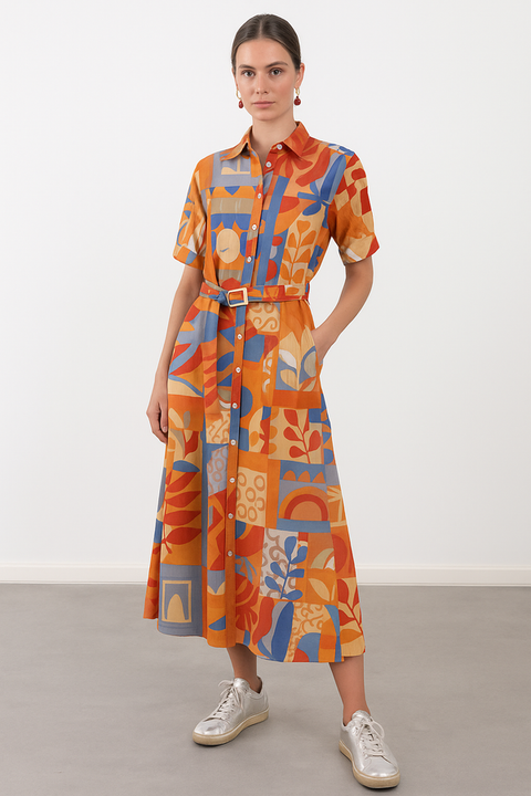 Marc Angelo Issi Dress - Tropical Print Shirt Dress - Orange