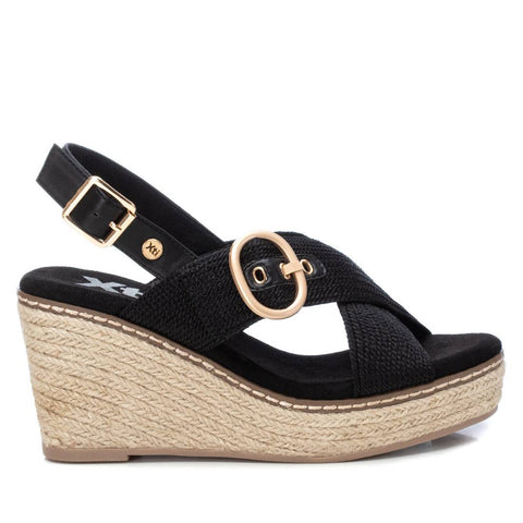 XTI Black Woven Crossover Espadrille Wedge Sandals