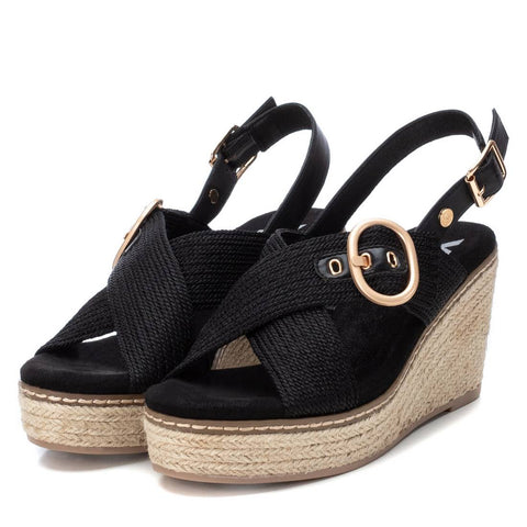 XTI Black Woven Crossover Espadrille Wedge Sandals