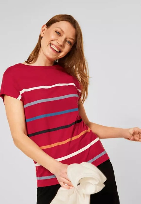 Cecil Anna Striped Print T-Shirt - Vibrant Red