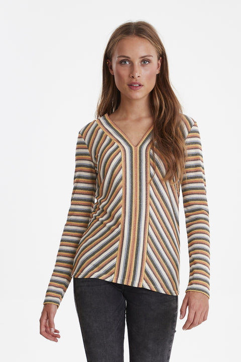 Ichi Tara Long Sleeved V neck Top Multi colour