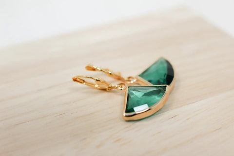 K Kajoux Jewels Earrings, Emerald Fan Deco Earrings- Short