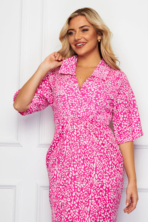 Girl In Mind Marley Collar Detail Wrap Midi Dress Pink Spot