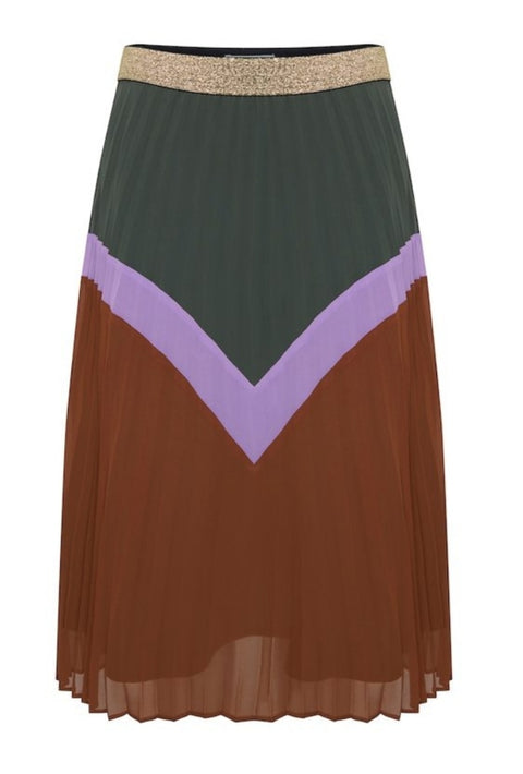 Ichi Pleated Olive V Pattern Skirt