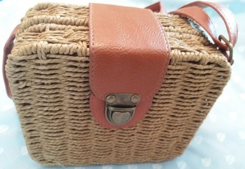 Square Light Brown Rattan Bag with Shoulder Strap