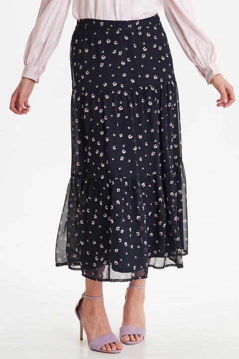 Ichi Clothing Navy layered skirt with micro print